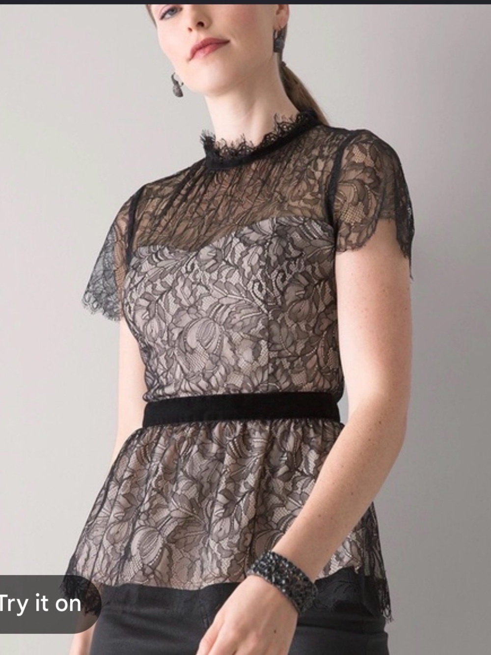 White House Black Market Black Lace Overlay Peplum Top